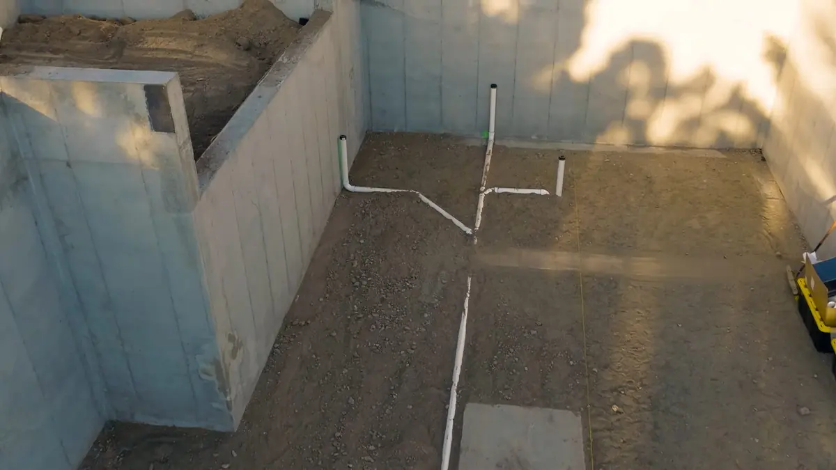 Basement rough-in plumbing with exposed drain and supply lines for Basement Bathroom Rough-In in Castle Rock: Permits, Ejector Pumps, and What It Costs
